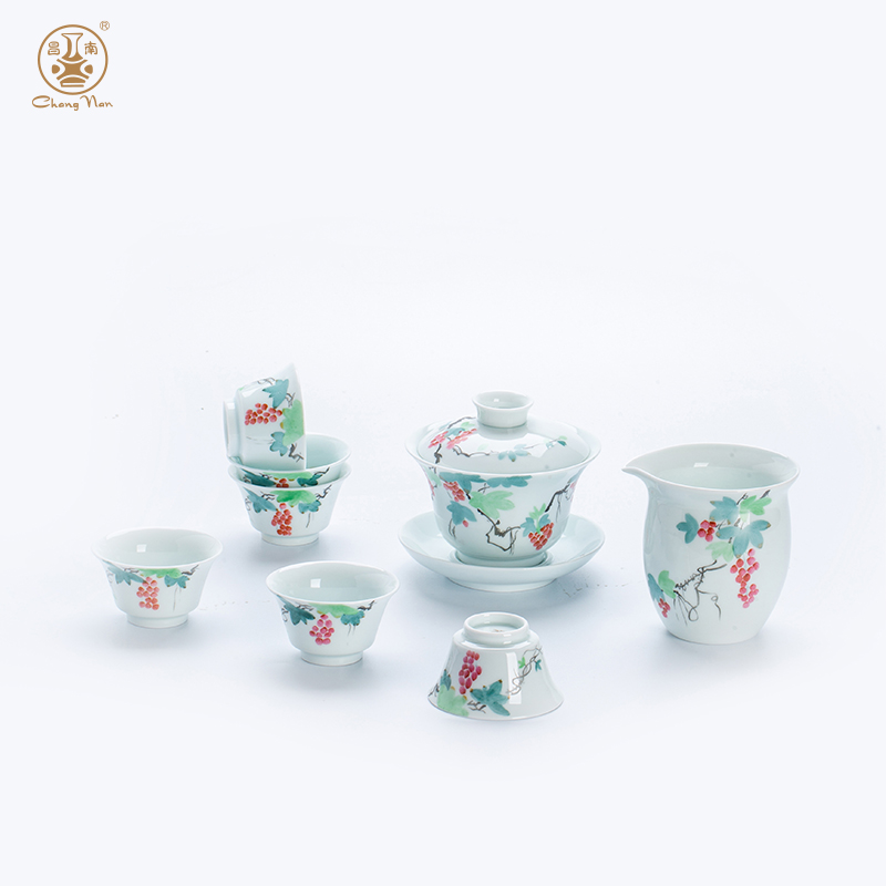 玉瓷手繪“吉運添?！?頭蓋碗茶具套裝